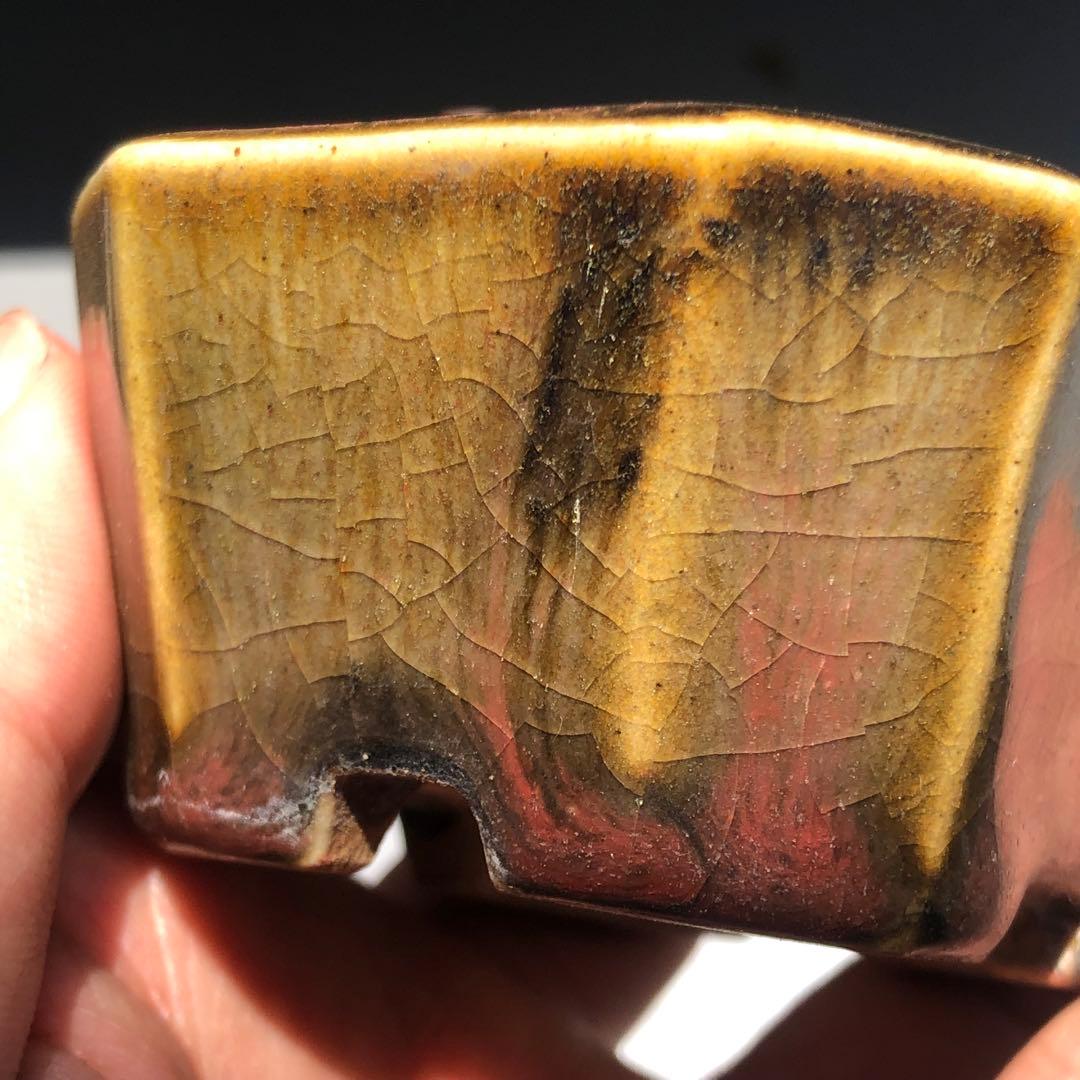 436.正子 窯変織布釉切角長方 盆栽鉢 7.6*6*3.7cm