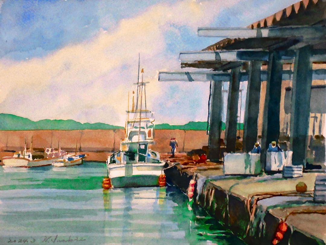 水彩画 港の風景 原画 F6サイズ