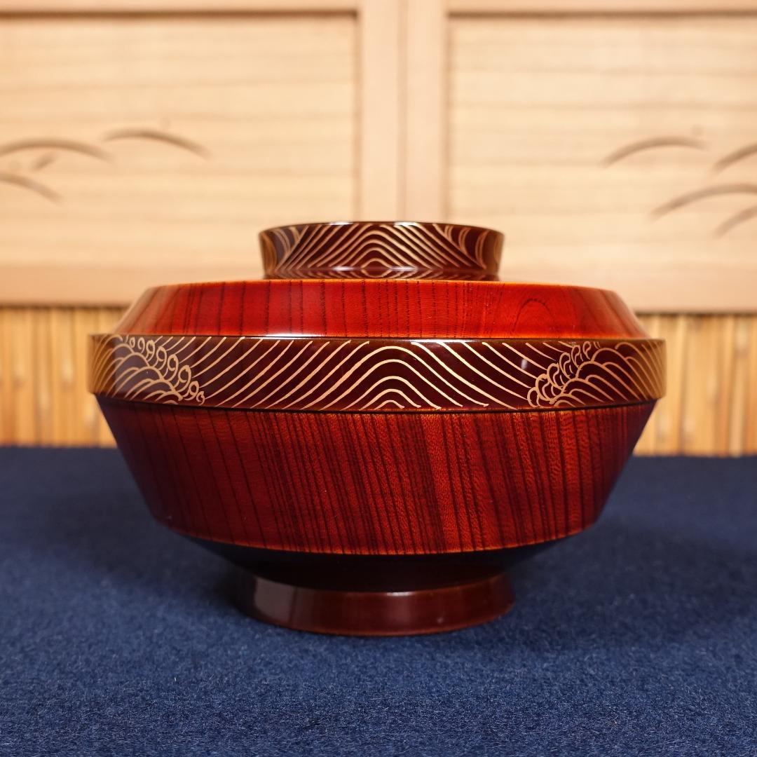 京漆匠 平安象彦 木地 内黒塗 波蒔絵 煮物椀 5客 共箱