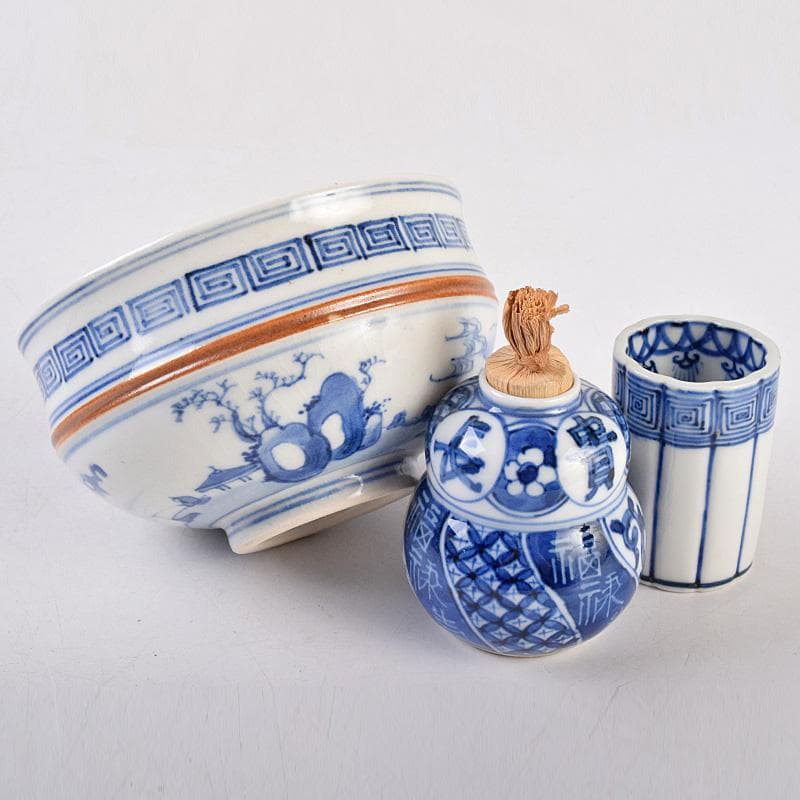 美子銘　扇蒔絵　茶箱　五良太甫呉祥瑞造　染付　振出など　十一点　M　R9008