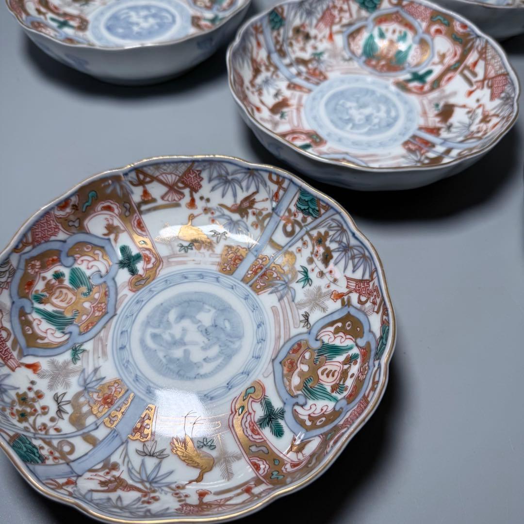 専用出品　幕末〜明治期　金蘭手　膾皿　五客　松竹梅　鶴　扇子　角冨印　上物