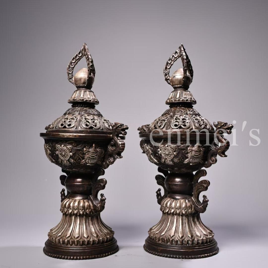 中国古美術・錾刻鎏銀 吉祥八宝鳳耳香炉セット・純銅製・高浮彫・熏香爐・仏具・置物