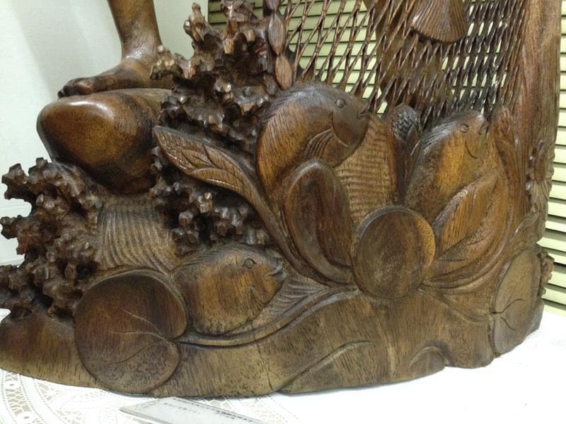 ★高級チーク無垢一本彫り 木彫『投網の男』