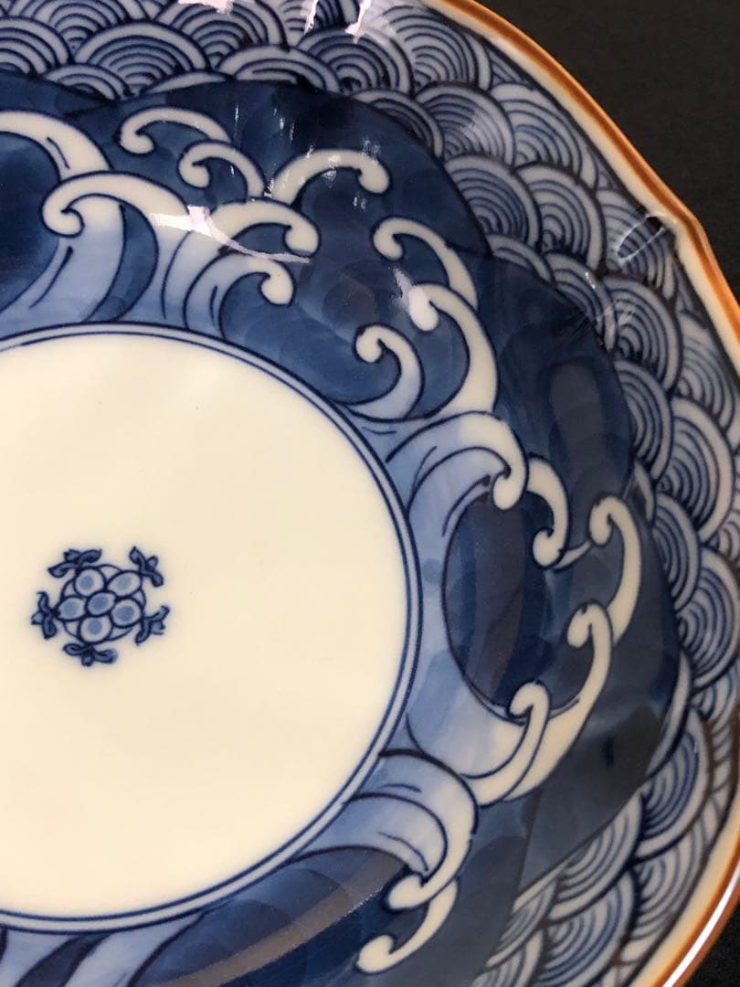 《レ》有田焼 源右衛門作 輪花 染付四海波 小鉢5客 共箱　251201お2