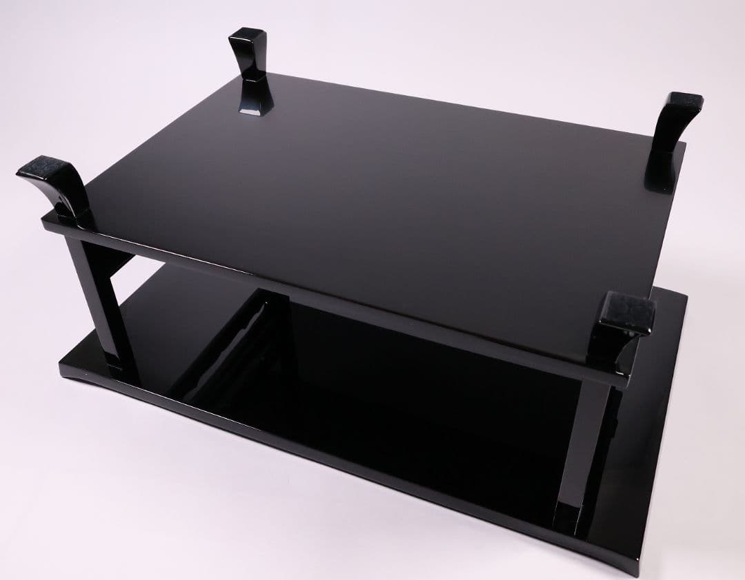 輪島塗 黒塗 二段卓 冠卓 幅52.7×32cm 木製 花台 漆芸【MA938】