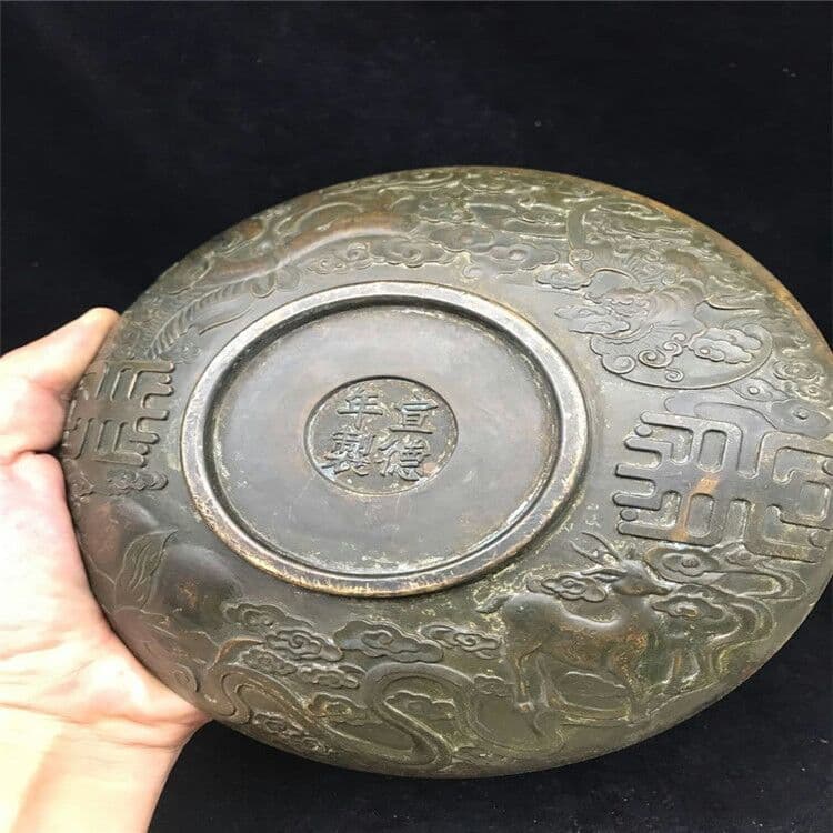 古玩古工芸品黄銅竜鳳大皿器型規整文房用品