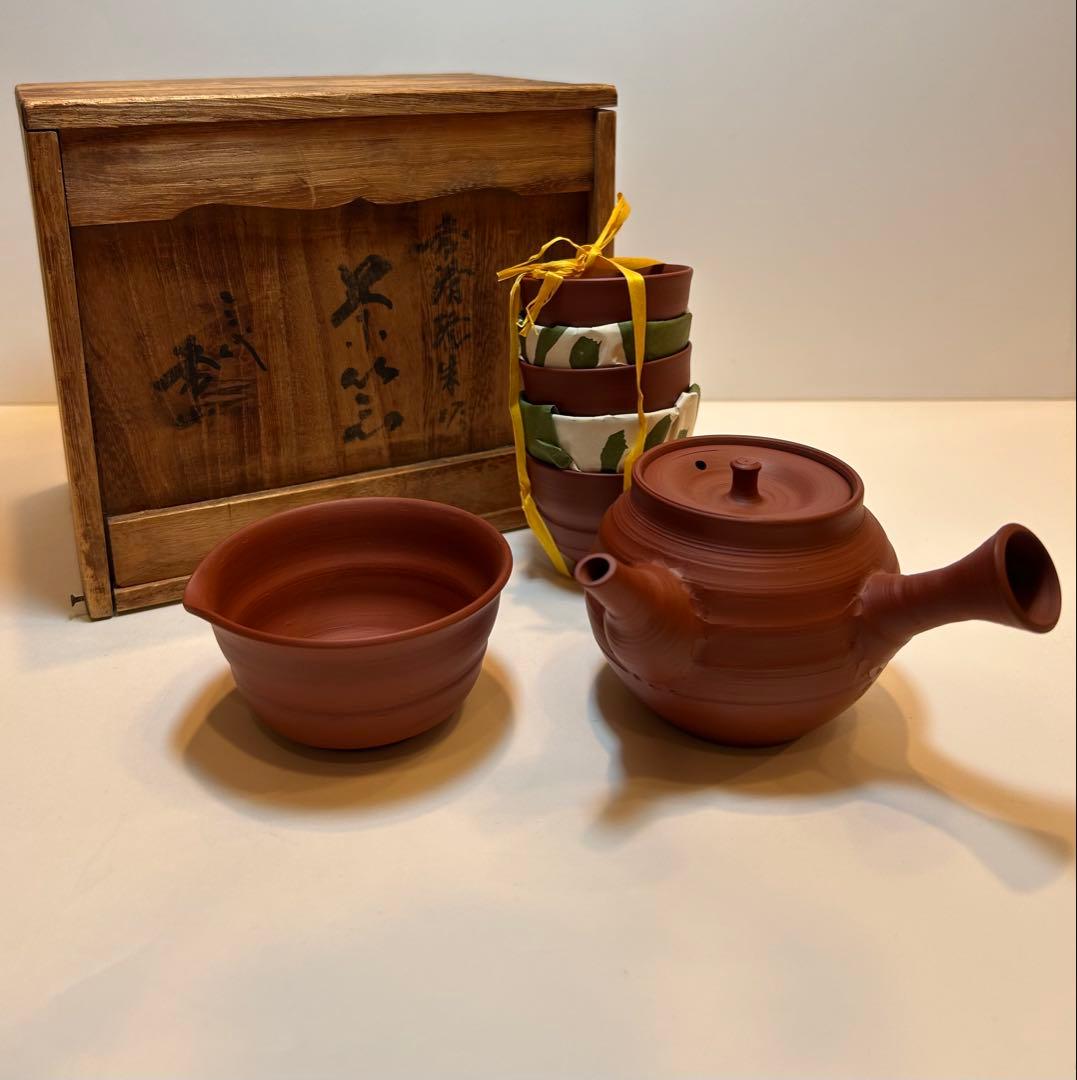 三代目　山田常山 常滑焼 朱泥茶器揃 急須 湯冷 湯呑 5客 人間国宝