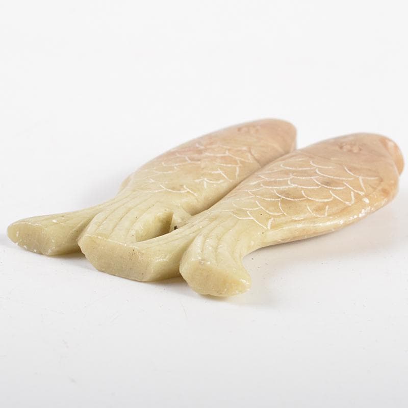 中国　玉石彫刻　双魚刻　神獣刻　根付　玉器　玉珮　2点　時代箱付　V　R7227