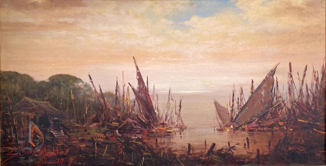 スジョノ・アブドゥラ 『漁船』1977年油彩画 136×72cm 直筆署名額付