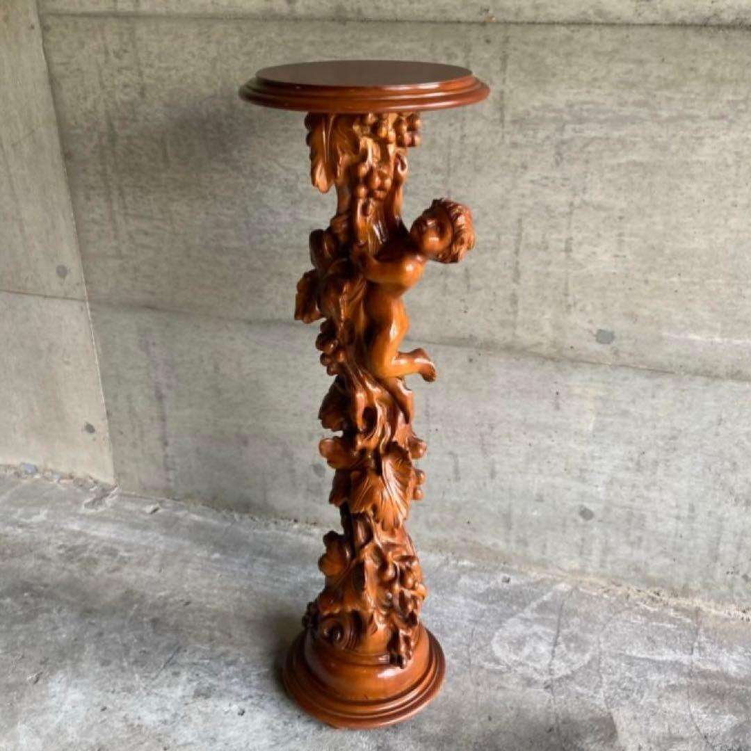 飾り台 花台 スタンド テーブル 大型 木製 木彫り 彫刻 天使 リーフ レトロ