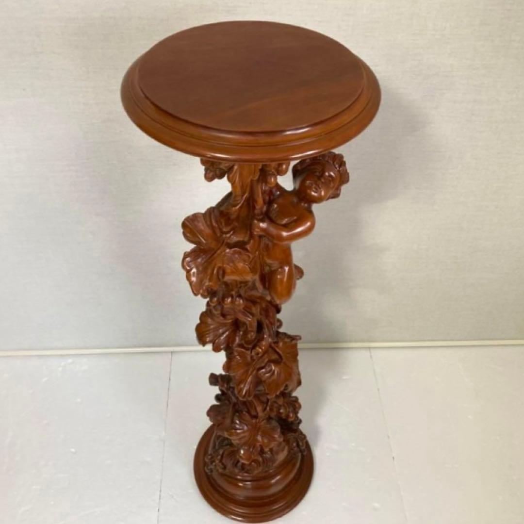 飾り台 花台 スタンド テーブル 大型 木製 木彫り 彫刻 天使 リーフ レトロ