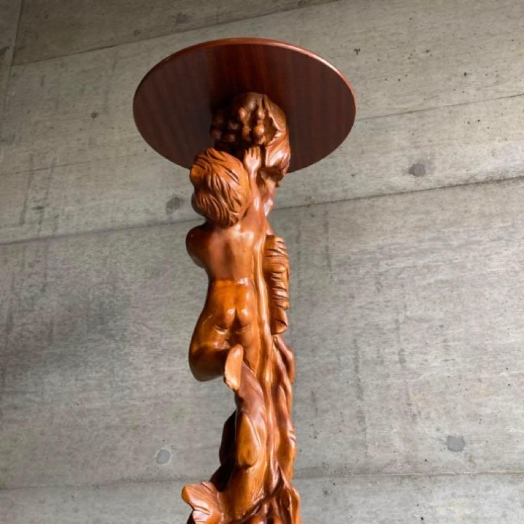 飾り台 花台 スタンド テーブル 大型 木製 木彫り 彫刻 天使 リーフ レトロ