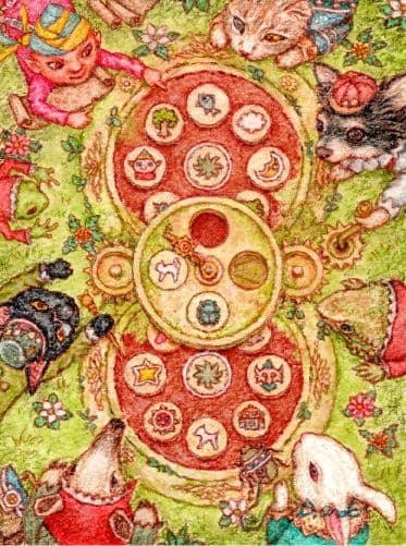 【原画】『丘の上のパズル②』パステル画　絵画　動物　チワワ　黒猫　ファンタジー