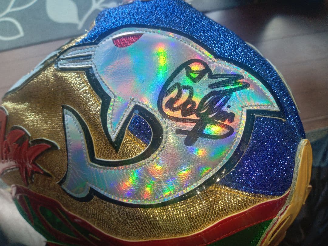 値下げ！スペルデルフィン大阪プロレスロゴサイン入り試合用マスク 金ラメ×青ラメ