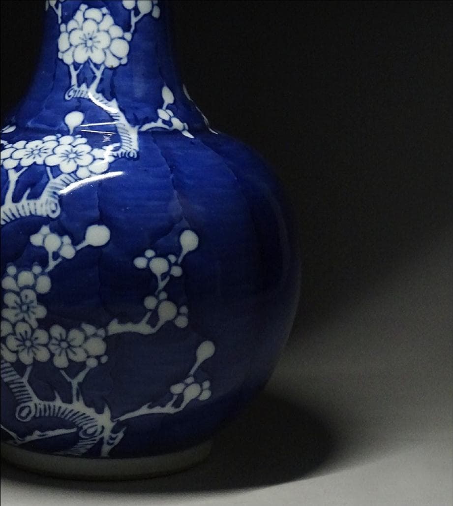 中国古玩 景徳鎮製 青花梅花紋 天球瓶 花瓶 壺 高約34.2cm 唐物 時代物