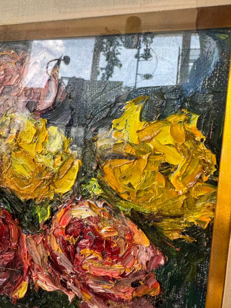 s*a様 花瓶のバラ 油彩画 金色フレーム付き