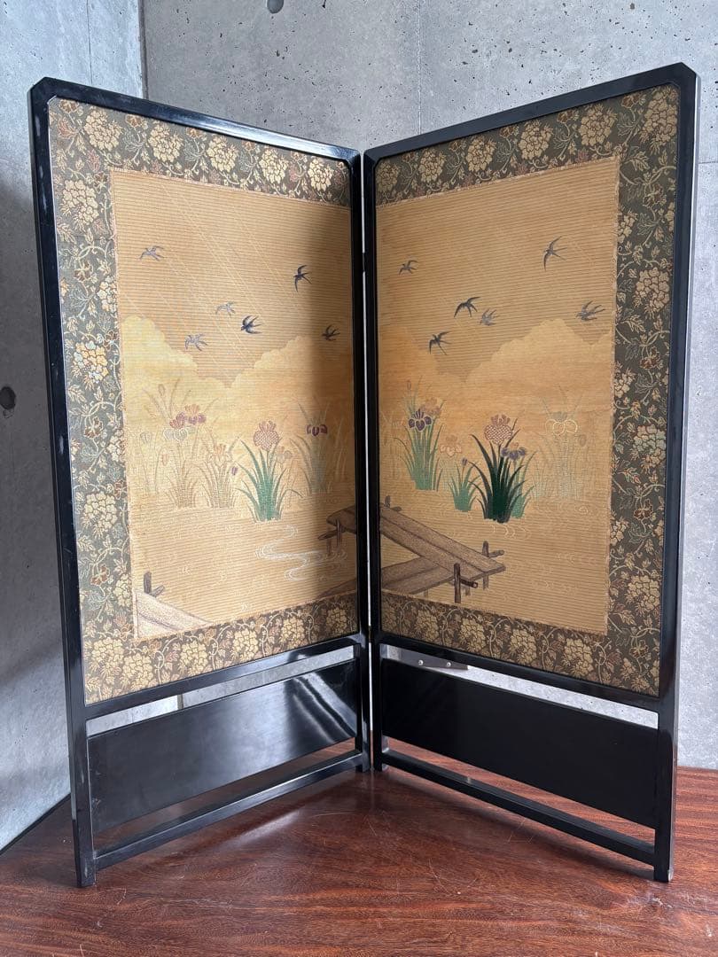 刺繍　屏風間仕切り　パーテーション　菖蒲（あやめ）八つ橋（やつはし）　つばめ