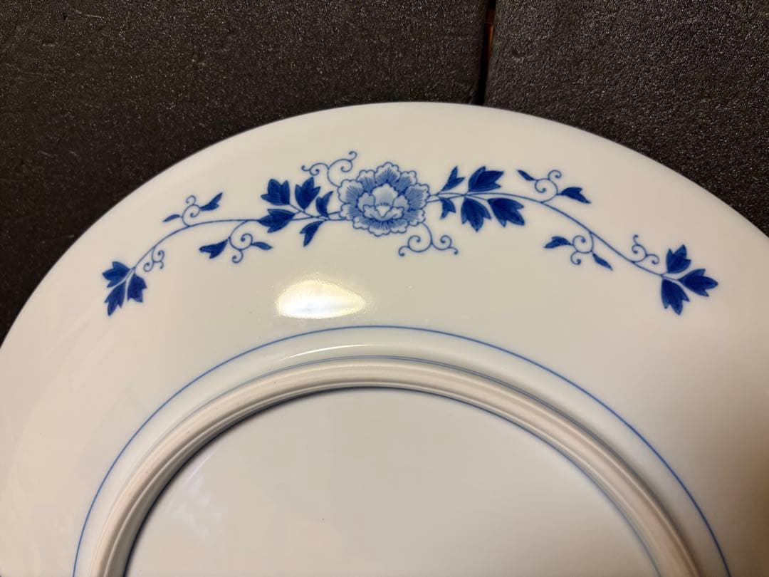 大人気　37.5cm 木箱付き　深川製磁 瑠璃牡丹　大皿 プレート 飾皿　希少