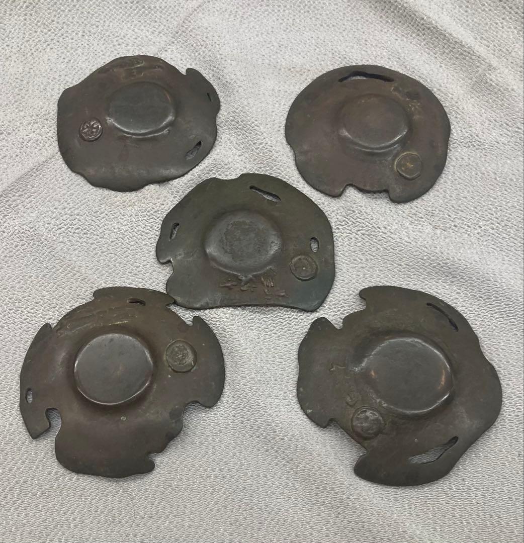 B419b「古代瓦 茶托 5枚」龍雲堂造(蓋裏書付有)平安　銅製　茶道具