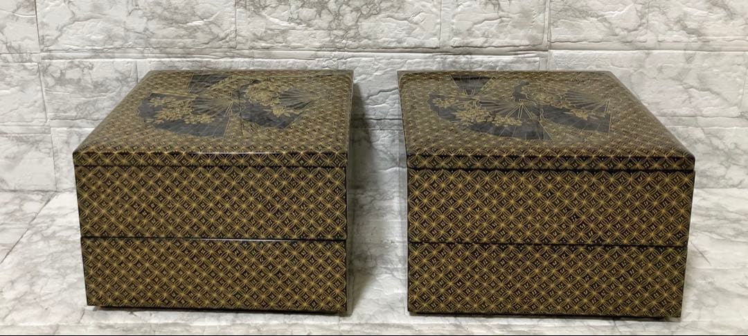 【未使用】輪島屋造 沈金師 水尻清甫 刻「輪島塗 四段重 台付」 共箱