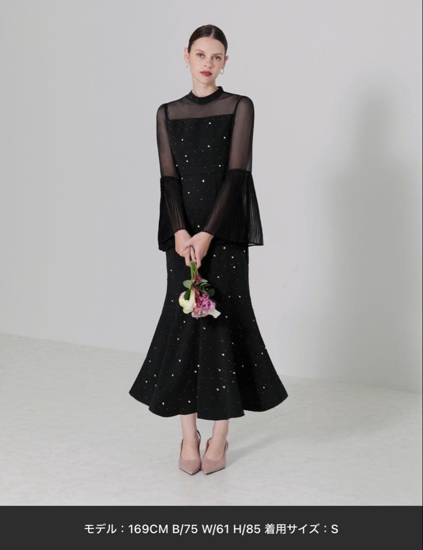 【LEJA】パールビジュー付き透け感プリーツフレアスリーブビーズマーメイド