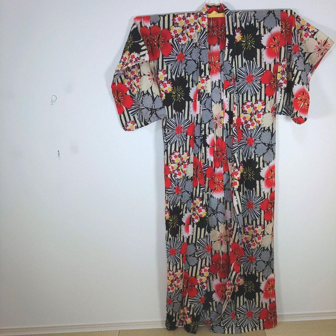 レディース　浴衣　セット　身丈164cm　ストライプ　花柄　作り帯　赤黄　兵児帯