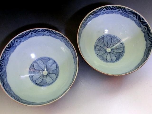 鉢■南京 古九谷 紫陽花絵 2客 古い菓子器 幾何学模様 (江戸後期～明治期)■