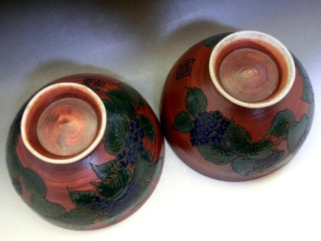 鉢■南京 古九谷 紫陽花絵 2客 古い菓子器 幾何学模様 (江戸後期～明治期)■