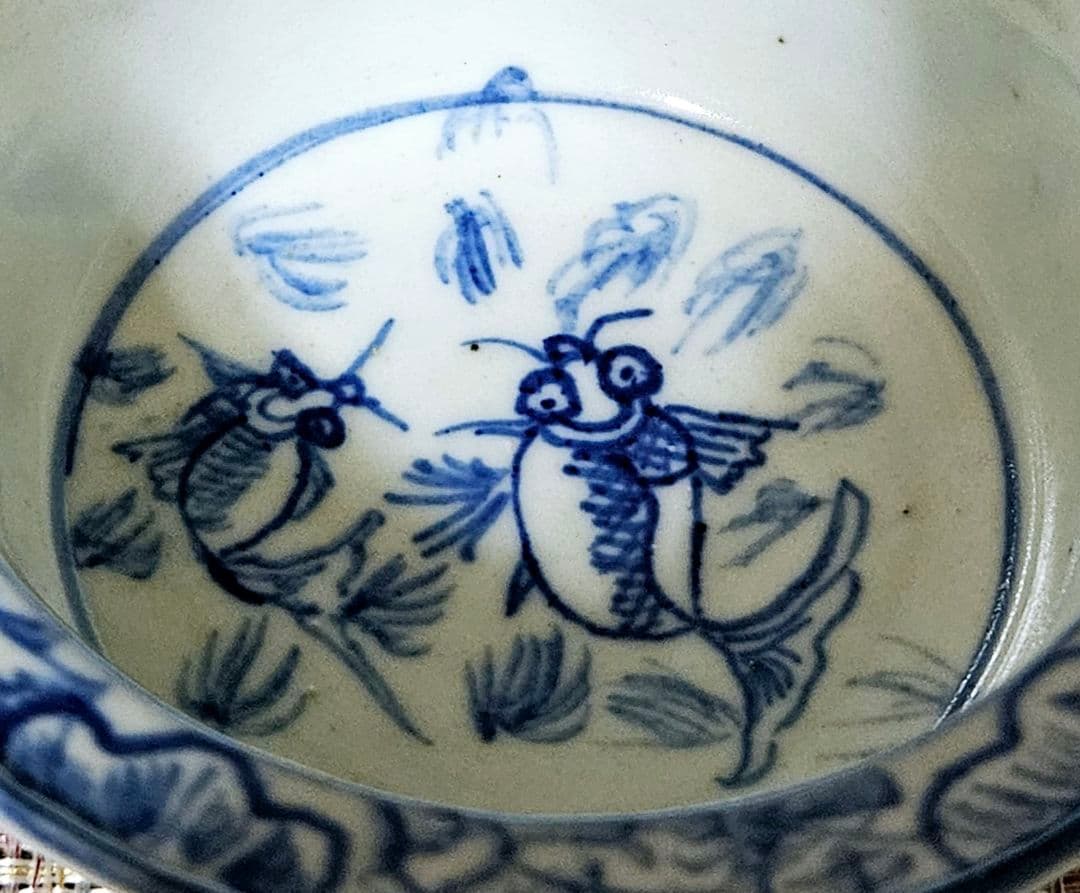 中国古美術　中国古陶磁器　古玩　明朝末期～清朝初期　青華　古染付　金魚図　広口鉢