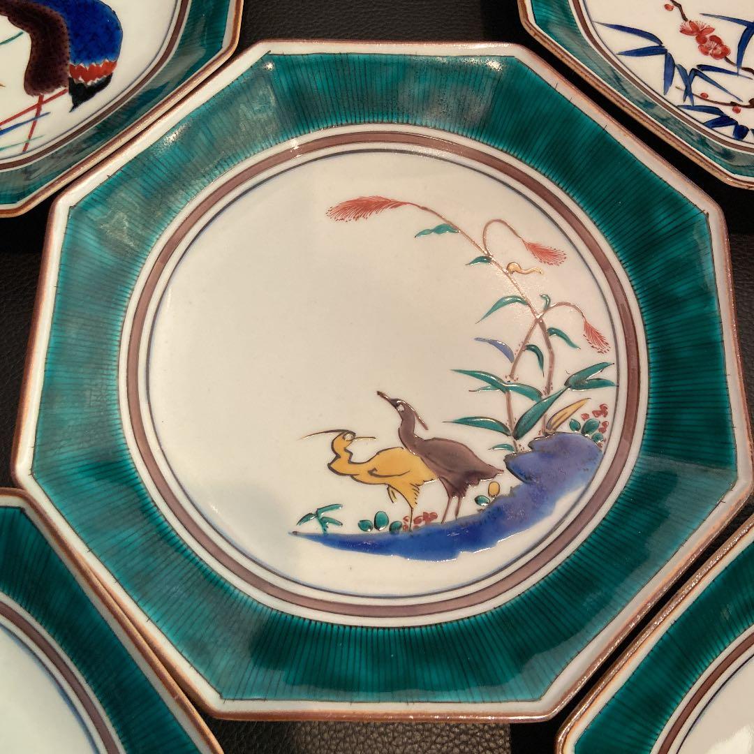 古九谷　花鳥銘々皿　共箱　八角　二重角福　陶光造　5枚揃