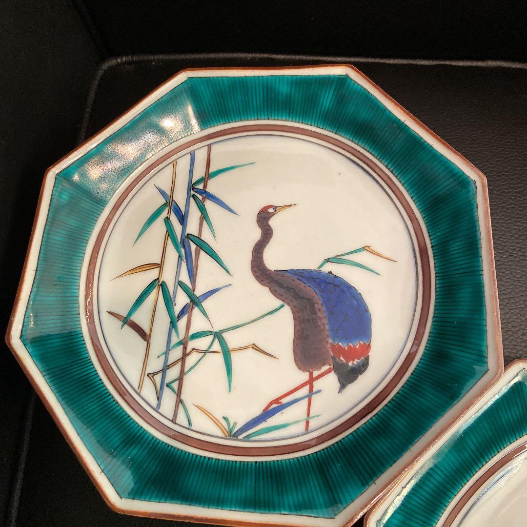 古九谷　花鳥銘々皿　共箱　八角　二重角福　陶光造　5枚揃