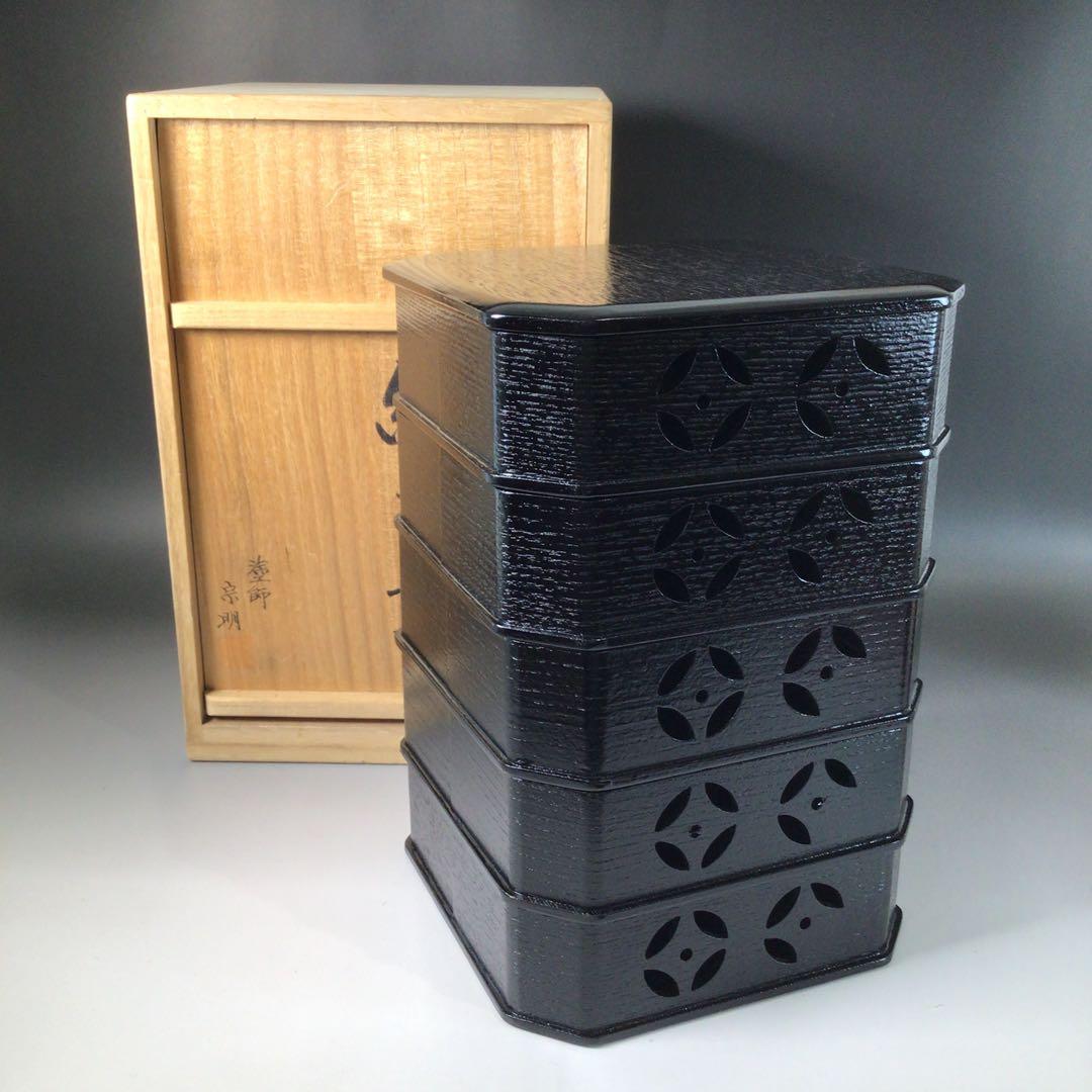 Ｓ９５　縁高　『山中塗』『助田宗明作』『七宝透し』『五段重』　共箱菓子器