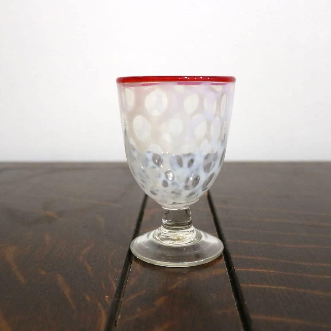 明治大正頃　赤縁 乳白　水玉文様 ナツメ形　骨董古美術氷コップ和ガラス