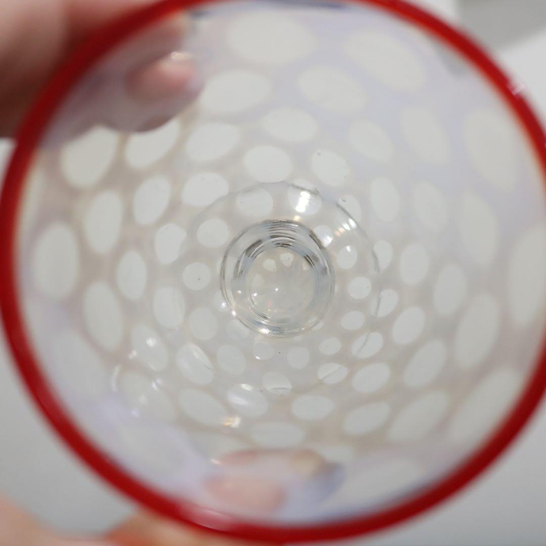 明治大正頃　赤縁 乳白　水玉文様 ナツメ形　骨董古美術氷コップ和ガラス