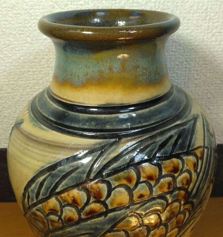 Kanegon 人間国宝 金城次郎 海老魚紋花瓶 栞 共箱 h20cm超