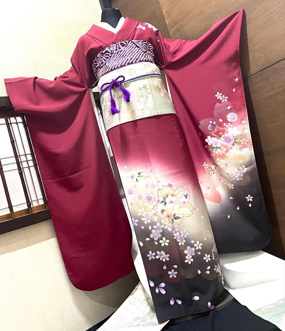 振袖フルセット6点サイズＬ跳兎　舞桜　暈し染　銀彩　正絹