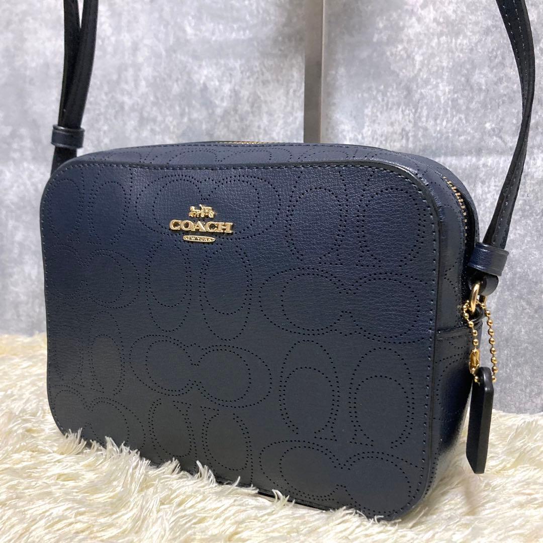 【極美品】COACH コーチ カメラバッグ レザー ネイビー シグネチャー