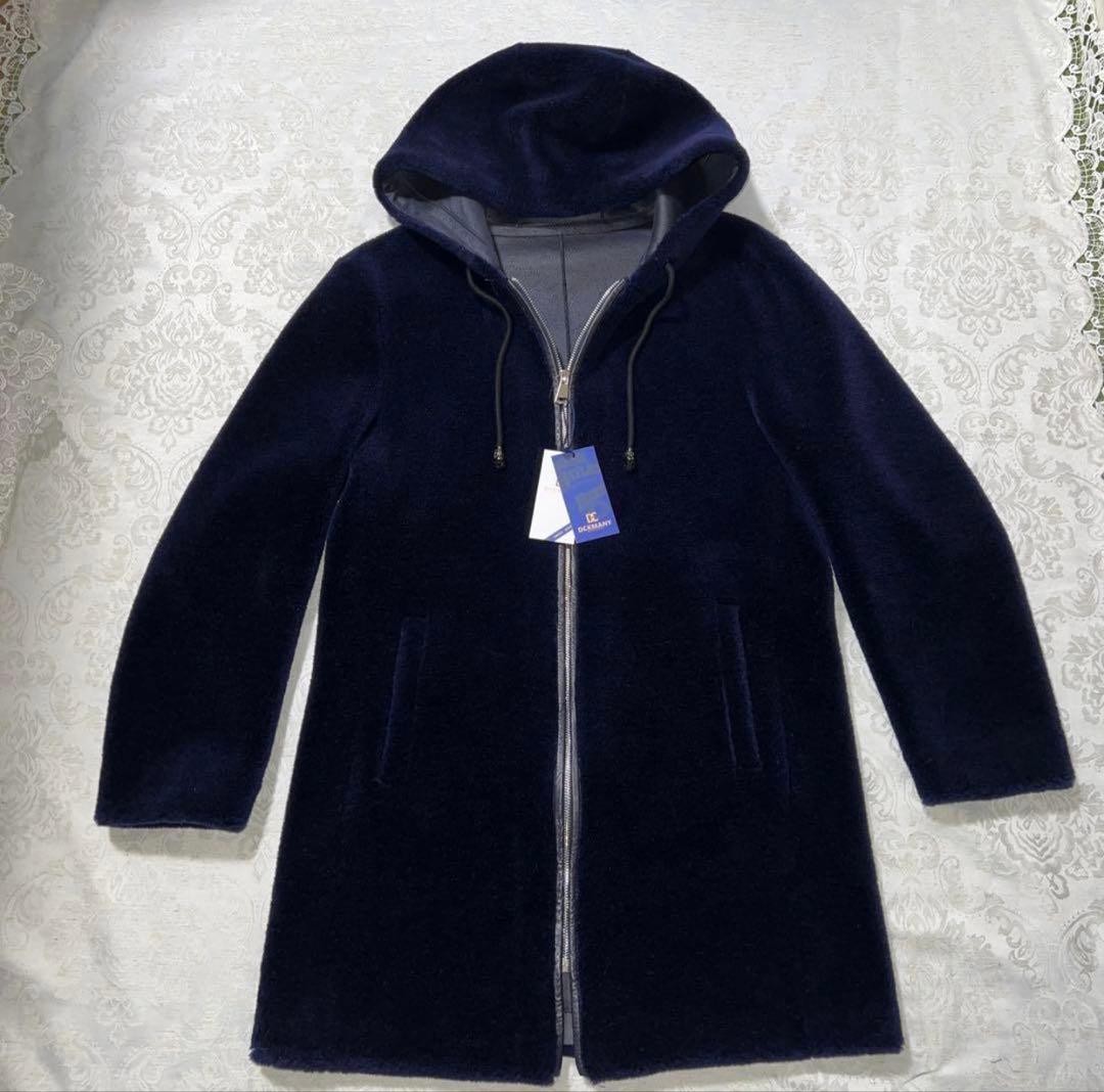 本革 リアル ムートン EU 羊毛 コート フード レザー 濃紺 L 高級 細身