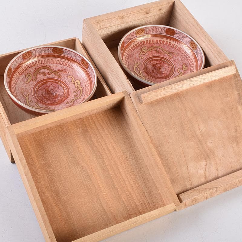 九谷焼　古九谷　赤絵金彩　鳳凰文　盃　一對　時代箱付　D　R8979