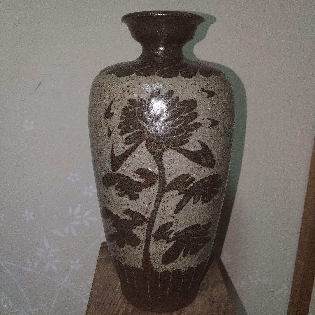 益子焼　伝統工芸師　三村北土　菊花刻文花瓶　木箱付