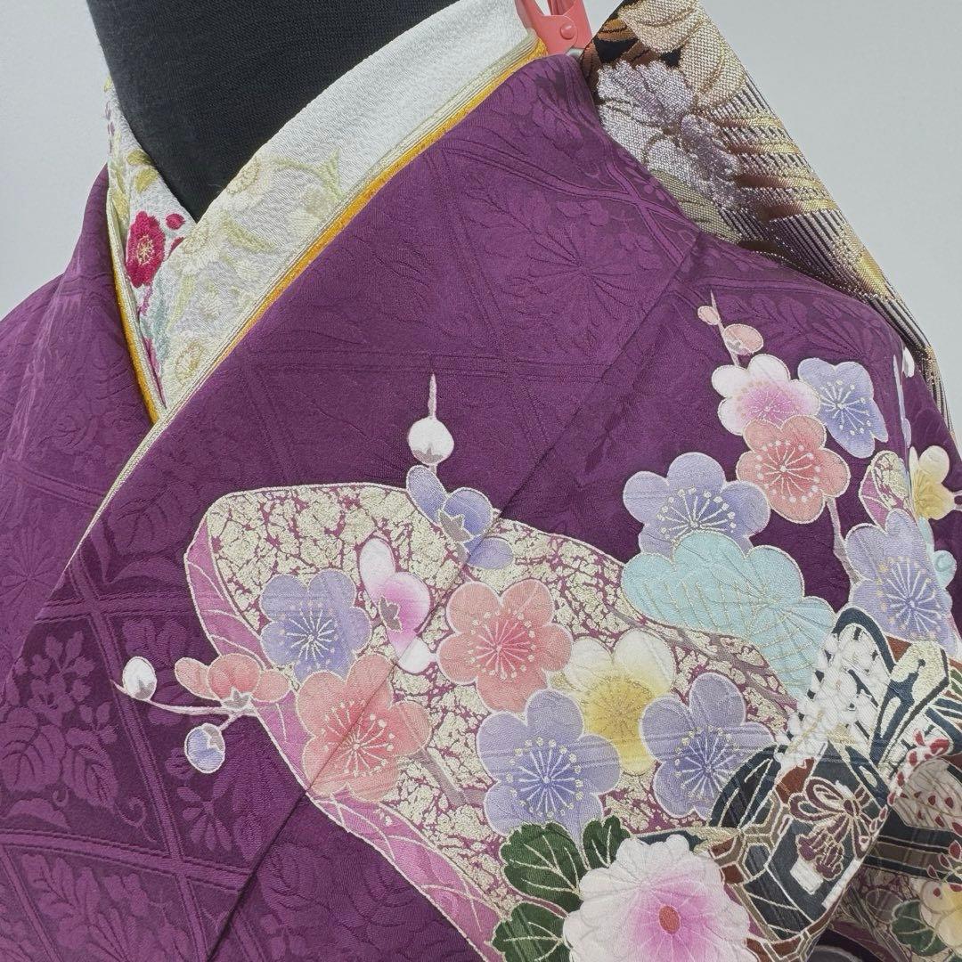 振袖フルセット　丸昌　地紋　金彩　金駒刺繍　成人式　白レースつけ袖付　正絹