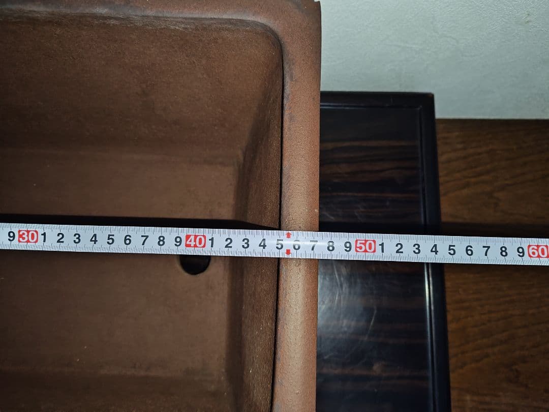 茶色の陶器製長方形盆栽鉢 太山　落款あり　希少　大型