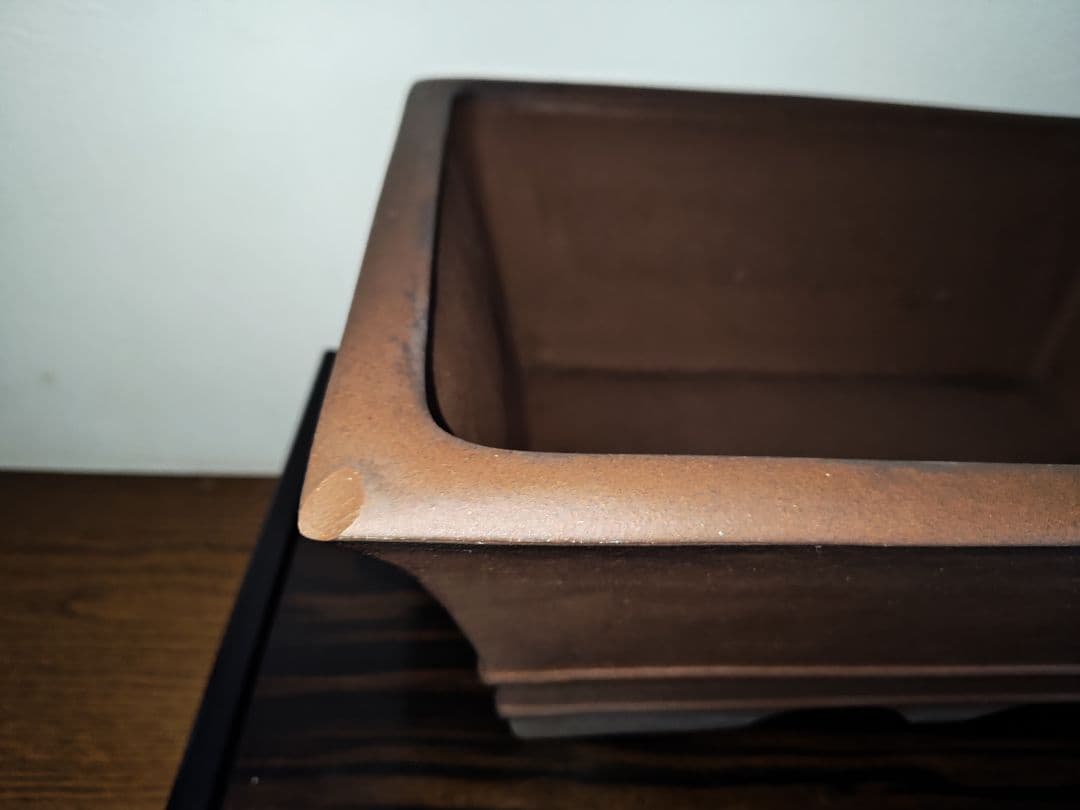 茶色の陶器製長方形盆栽鉢 太山　落款あり　希少　大型