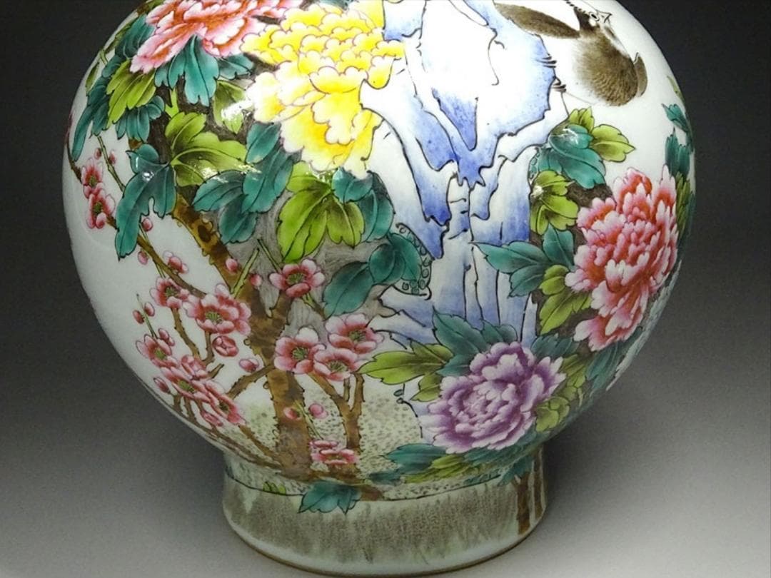中国古玩 景徳鎮製 肖功旺画 絵付 花瓶 時代物 高約35.5cm z01156