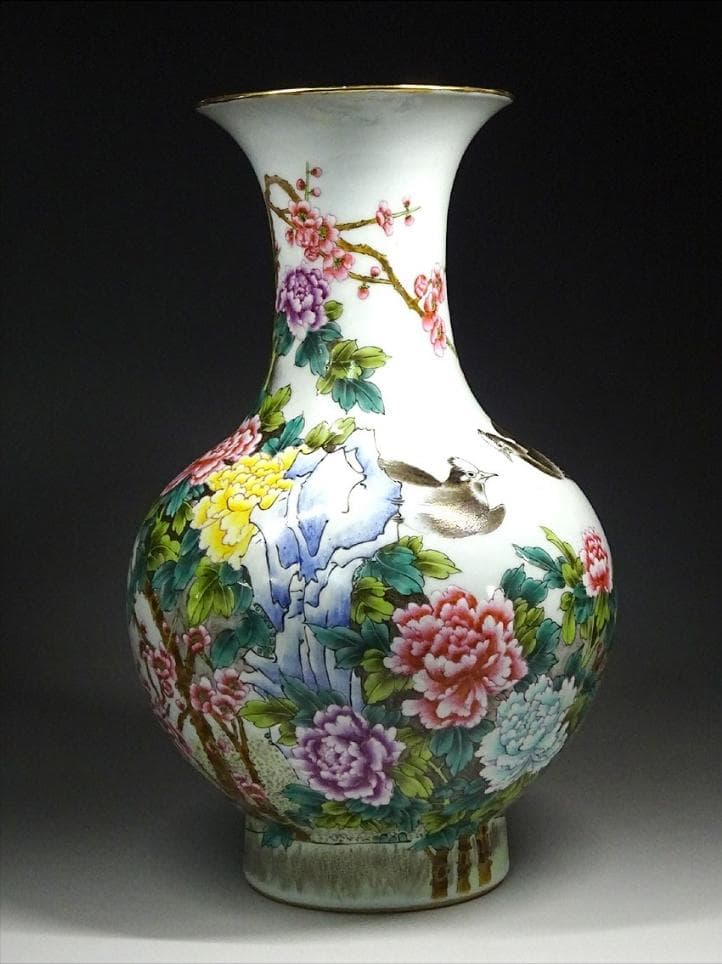 中国古玩 景徳鎮製 肖功旺画 絵付 花瓶 時代物 高約35.5cm z01156