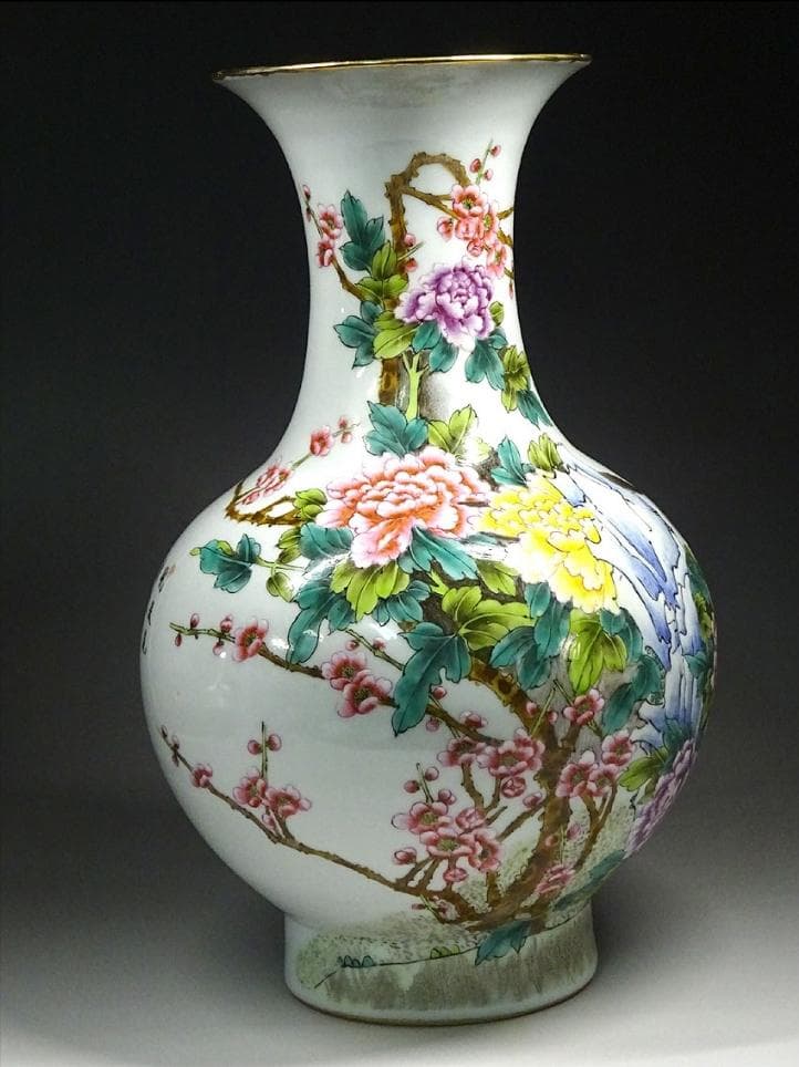 中国古玩 景徳鎮製 肖功旺画 絵付 花瓶 時代物 高約35.5cm z01156