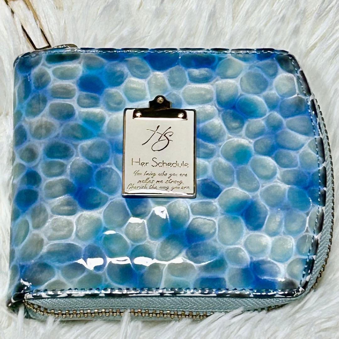 【極美品】ハースケジュール 二つ折り財布 チェレット ラウンドファスナー ブルー