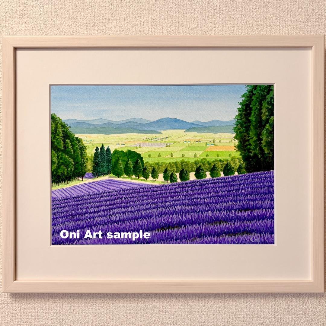 アクリル画　原画　「ラベンダー畑15」額縁付　F４サイズ　風景画