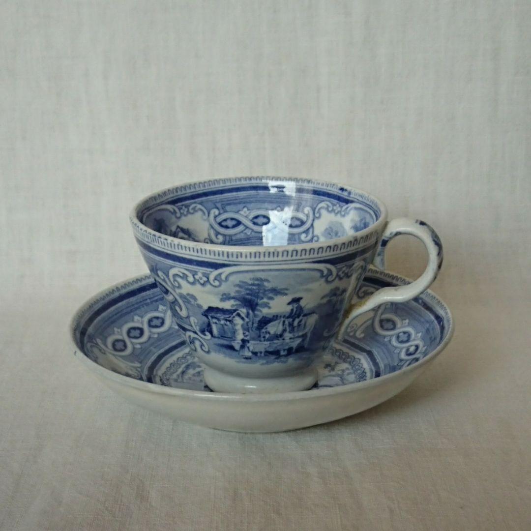 イギリスアンティーク カップ＆ソーサー ブルー＆ホワイト 1830年