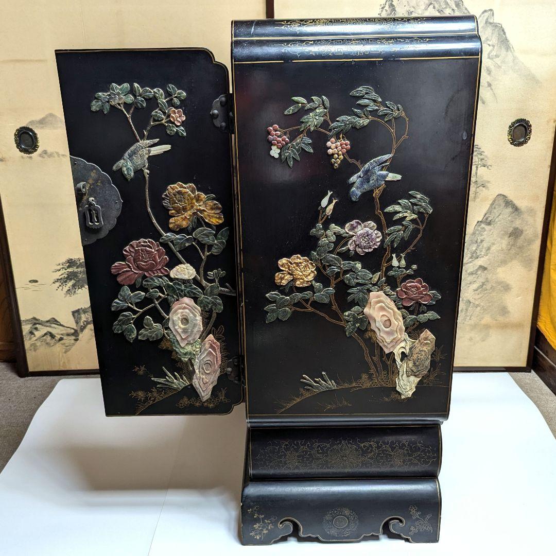 美術品 中国玉石木製 箪笥 花鳥模様 骨董品　アンティーク　レトロ